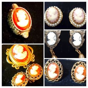 Vintage Victorian Lady Cameo Perfume locket,4 set of clip on and a tie brooch